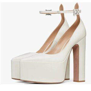 FSJ White Pointed Toe Chunky Heel Ankle Strap High Platform Block Heel Pumps